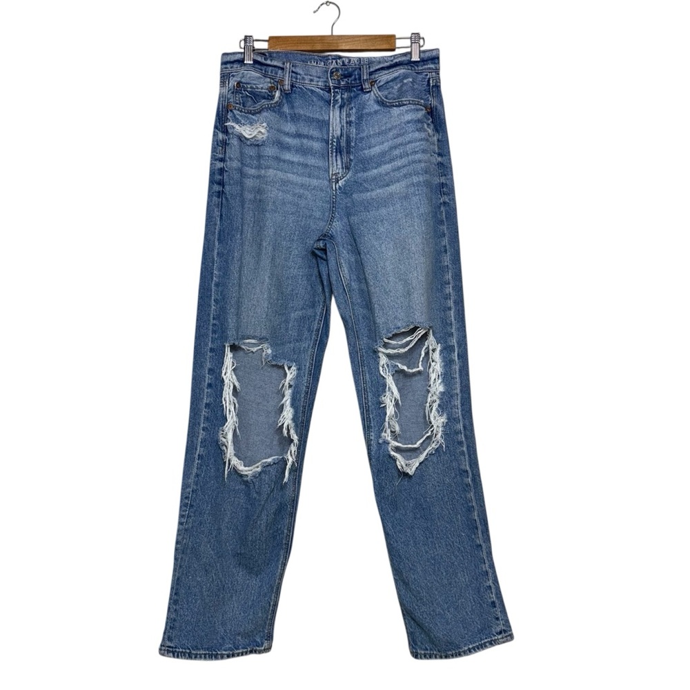 American Eagle Outfitters Blue Distressed Striged Straight‎ Leg Jeans Size 10